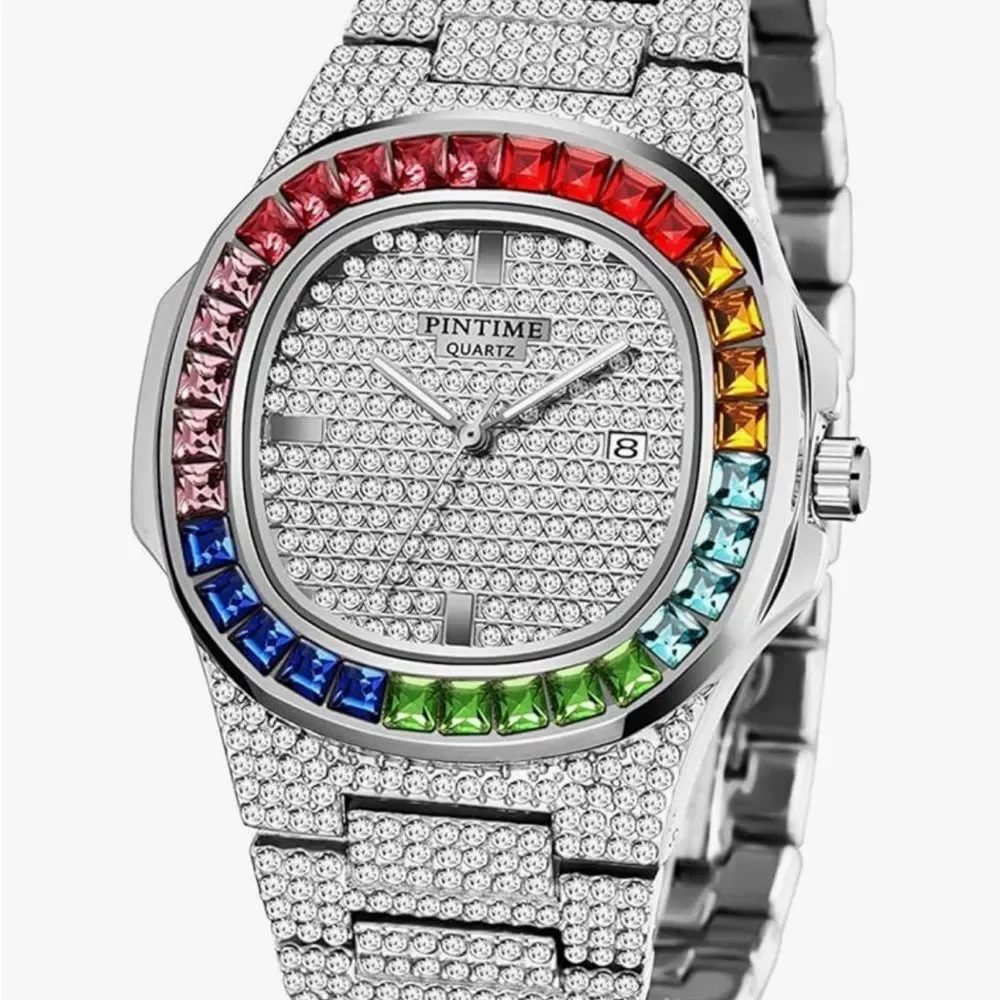 Iced Out Stainless Steel Bust Down Watch Simulated Diamond Quartz Luxury Bling